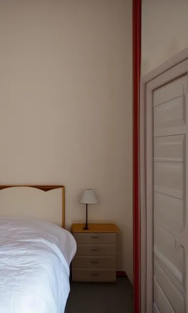 a macrolens picture of a bed, nightstand with a lamp, and a door